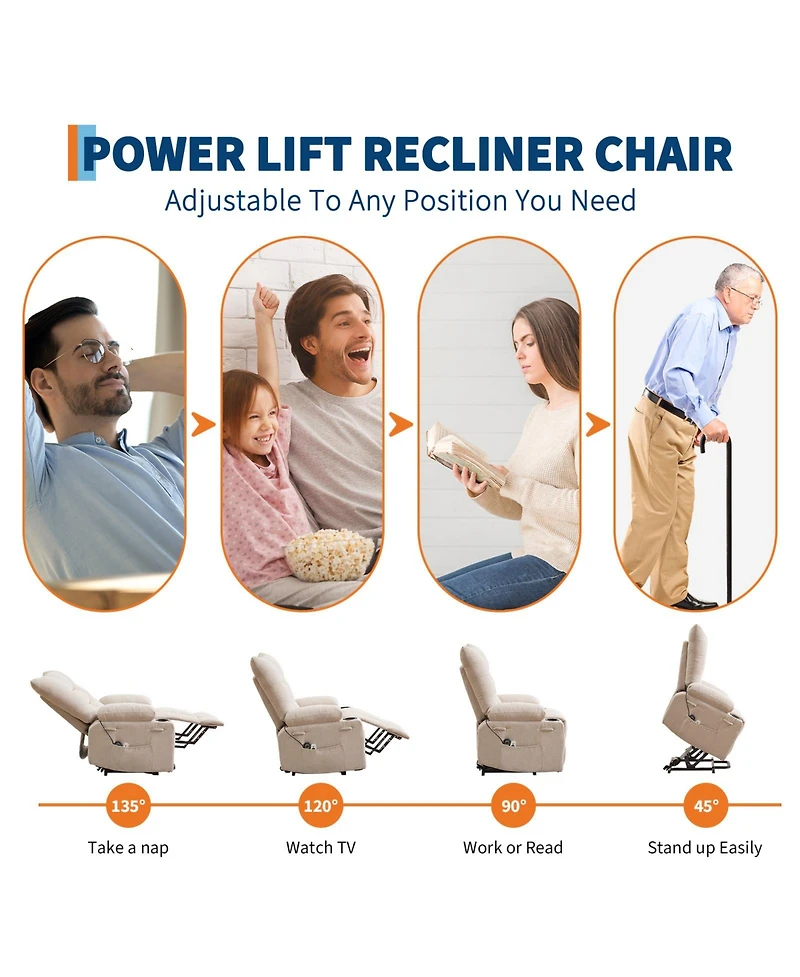 homfan Padded Power Lift Swivel Rocker for Elderly, Electric Stand-Assist Chair with Massage and Heat, Cup Holders Side Pocket Lounge Use