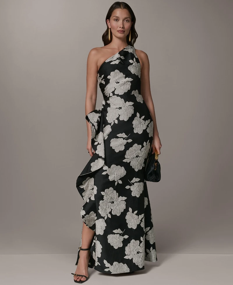 Donna Karan New York Women's Floral One-Shoulder Ruffle Evening Gown