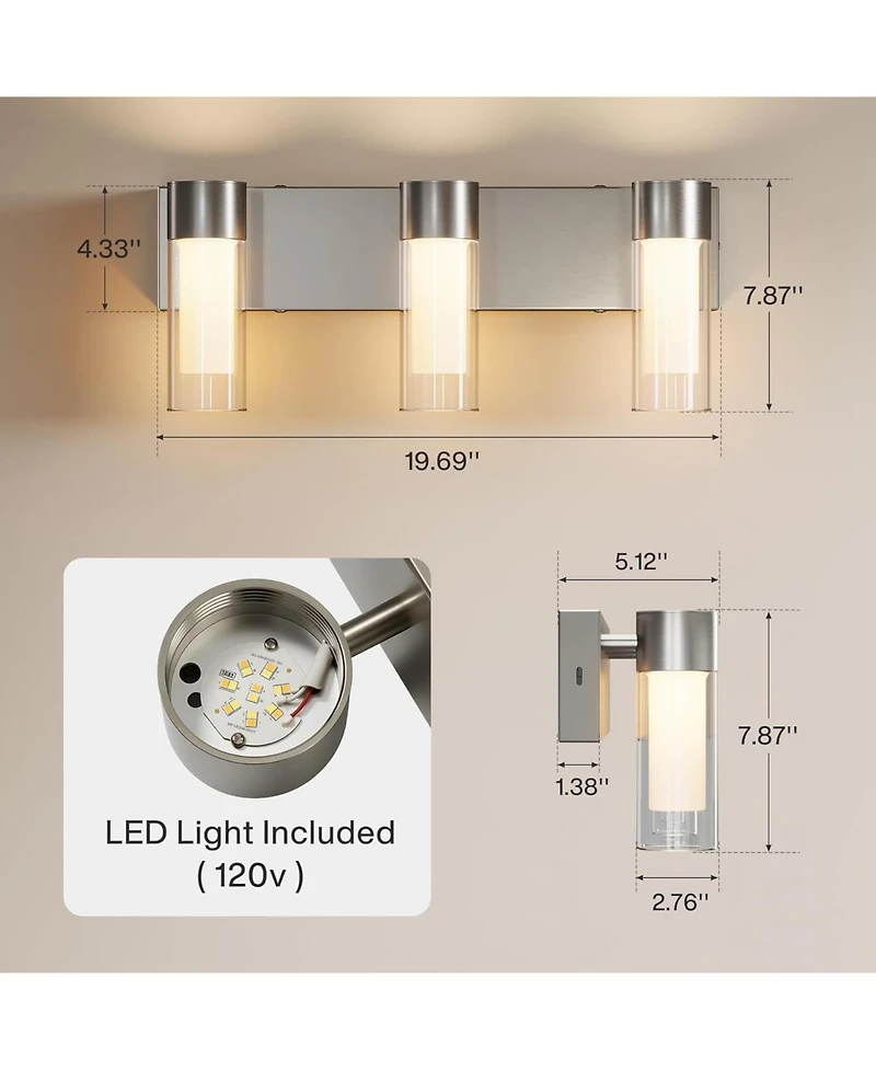 Tribesigns Led Bathroom Light Fixtures, 3-Light Vanity Lights Over Mirror, Wall Lights with 3 Color Modes and Sand Nickel Finish
