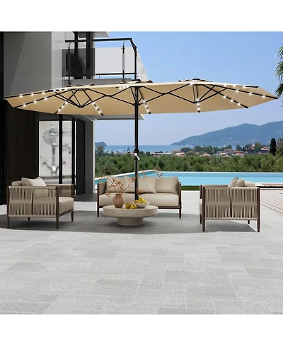 gaomon Outdoor 15Feet Double-Sided Rectangular Patio Umbrella with Base and 36 Solar Led Lights for Pool