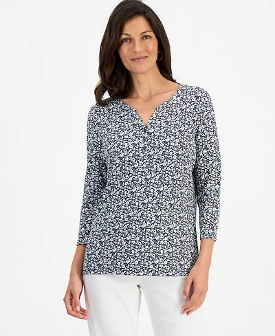 Style & Co Women's Printed 3/4 Sleeve Henley Top, Macy's Exclusive