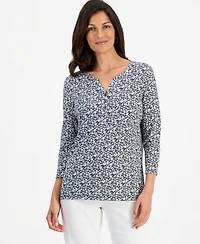 Style & Co Women's Printed 3/4 Sleeve Henley Top, Macy's Exclusive