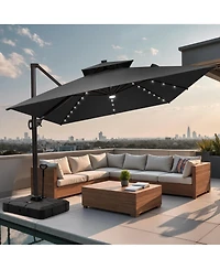 Pellebant Outdoor Patio 9x11FT Aluminum Double Canopy Solar Lights Cantilever Umbrella with Rod Wheel Base