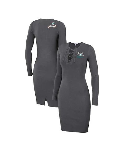 Wear by Erin Andrews Women's Charcoal Miami Dolphins Lace Up Long Sleeve Dress