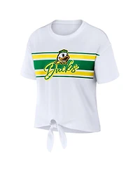 Wear by Erin Andrews Women's White Oregon Ducks Striped Front Knot Cropped T-Shirt