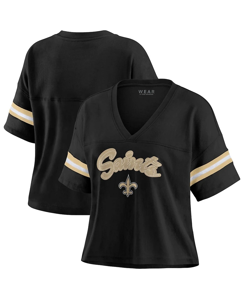 Wear by Erin Andrews Women's Black New Orleans Saints Plus Color Block Boxy V-Neck T-Shirt