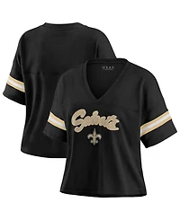 Wear by Erin Andrews Women's Black New Orleans Saints Plus Color Block Boxy V-Neck T-Shirt