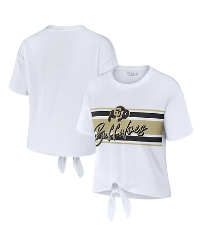 Wear by Erin Andrews Women's White Colorado Buffaloes Striped Front Knot Cropped T-Shirt