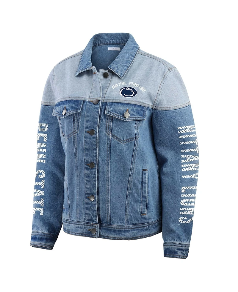 Wear by Erin Andrews Women's Denim Penn State Nittany Lions Sleeve Hit Color block Button-Down Jacket