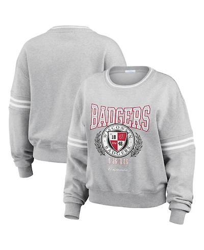 Wear by Erin Andrews Women's Heather Gray Wisconsin Badgers Classic Stripe Pullover Sweater