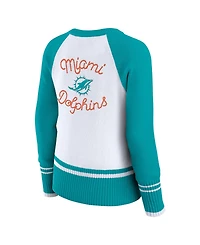 Wear by Erin Andrews Women's White/Aqua Miami Dolphins Color block Raglan Sweater
