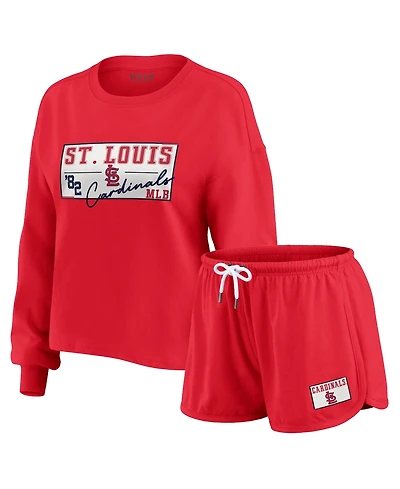 Wear by Erin Andrews Women's 2-Piece Red St. Louis Cardinals Heavy Rugby Jersey Cropped Long Sleeve T-Shirt & Shorts Lounge Set