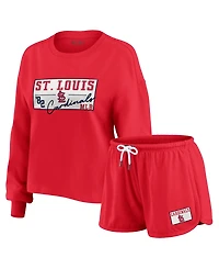 Wear by Erin Andrews Women's 2-Piece Red St. Louis Cardinals Heavy Rugby Jersey Cropped Long Sleeve T-Shirt & Shorts Lounge Set