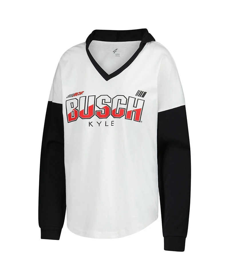 G-iii 4Her by Carl Banks Women's White/Black Kyle Busch Bench Player Oversized Long Sleeve Hoodie V-Neck T-Shirt