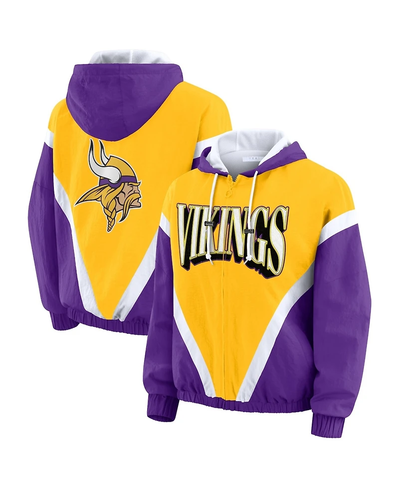 Wear by Erin Andrews Women's Gold/Purple Minnesota Vikings Plus Retro Crinkle Full-Zip Hoodie Windbreaker Jacket