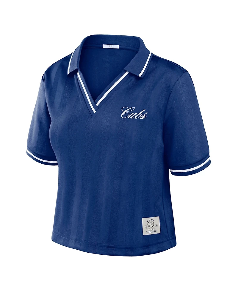 Wear by Erin Andrews Women's Royal Chicago Cubs Cropped V-Neck Polo Shirt