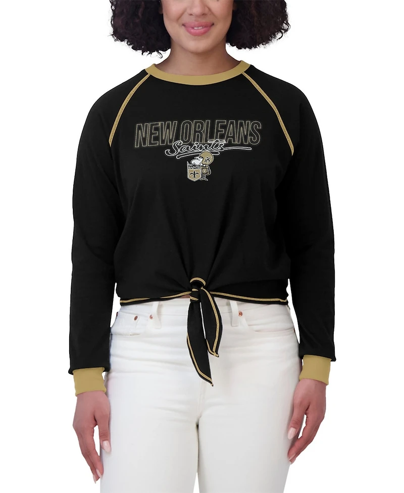 Wear by Erin Andrews Women's Black New Orleans Saints Tie-Front Long Sleeve T-Shirt