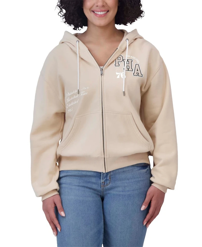 Wear by Erin Andrews Women's Cream Philadelphia 76ers Plus Tonal Felt Patch Full-Zip Hoodie