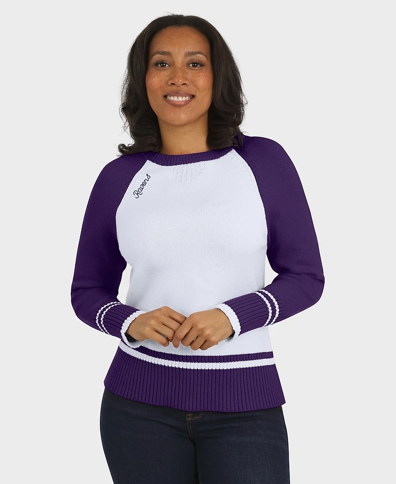 Wear by Erin Andrews Women's White/Purple Baltimore Ravens Color block Raglan Sweater
