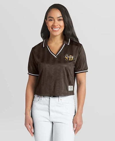 Wear by Erin Andrews Women's Brown San Diego Padres Cropped V-Neck Polo Shirt