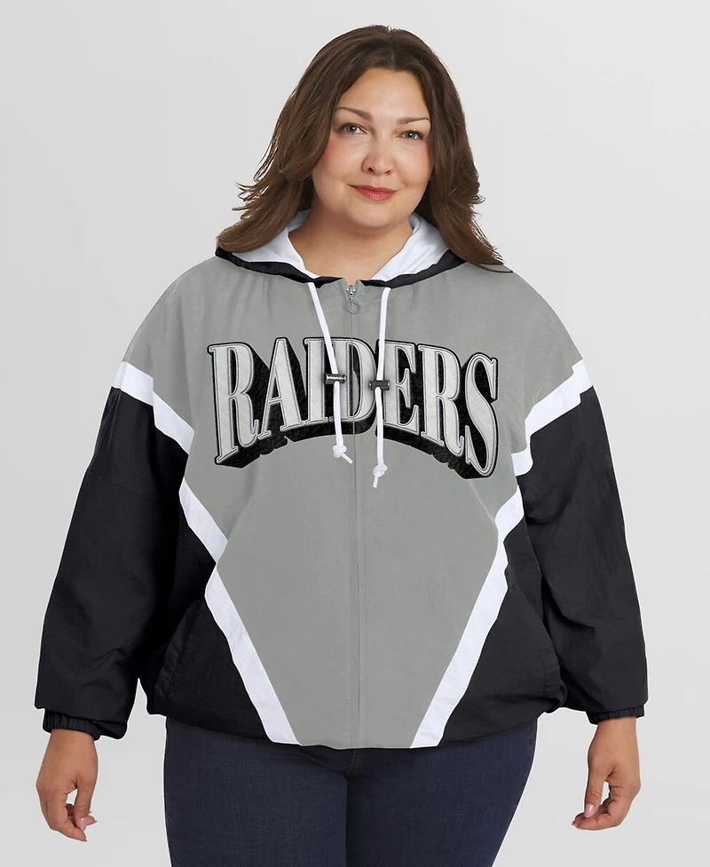 Wear by Erin Andrews Women's Black/Gray Las Vegas Raiders Plus Retro Crinkle Full-Zip Hoodie Windbreaker Jacket