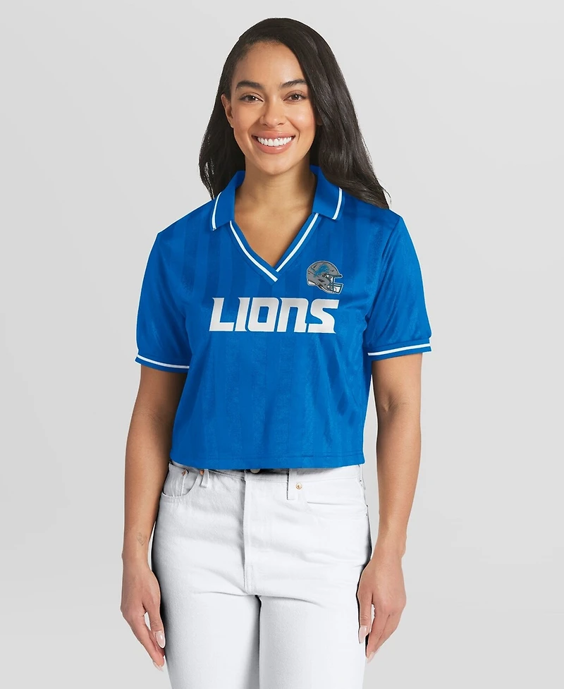 Wear by Erin Andrews Women's Blue Detroit Lions Cropped Jersey Polo Shirt
