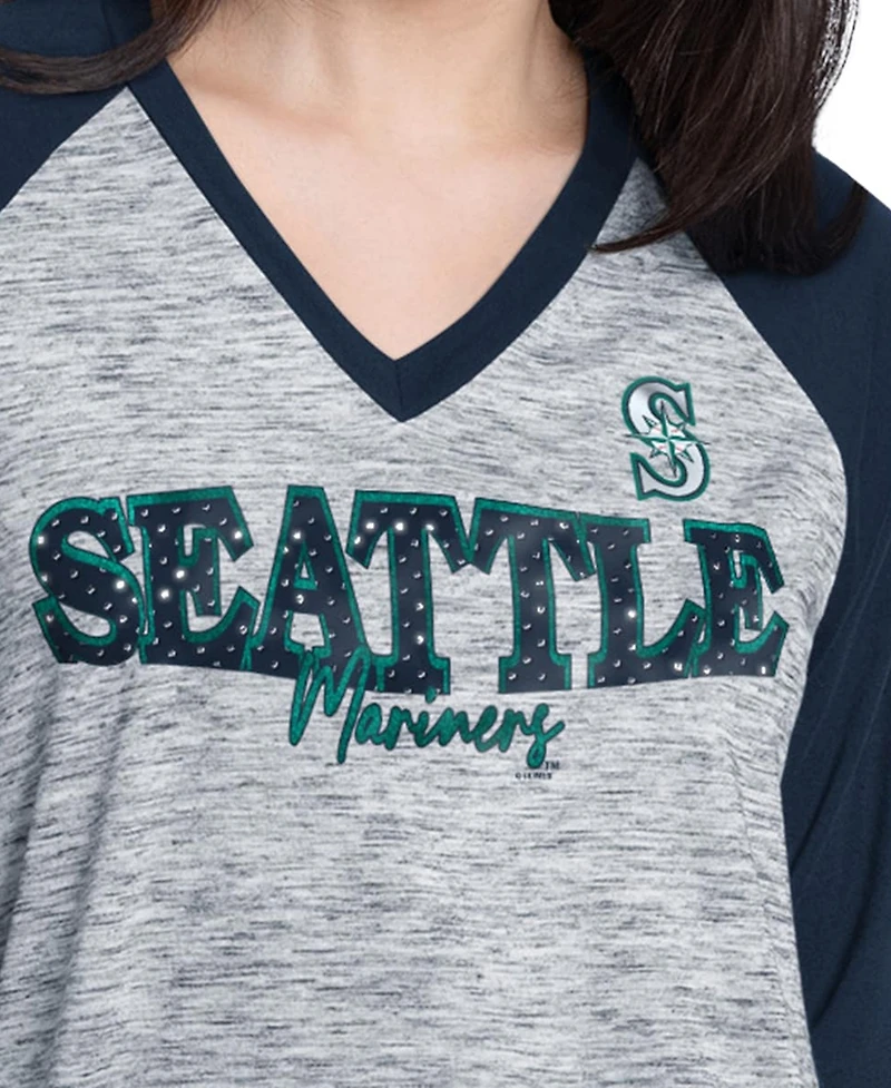 G-iii 4Her by Carl Banks Women's Navy/Heather Navy Seattle Mariners Speed Training 3/4-Sleeve Rhinestone V-Neck T-Shirt