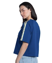 G-iii 4Her by Carl Banks Women's Royal Chase Elliott Cropped Classic Play Gold Trim Raglan T-Shirt
