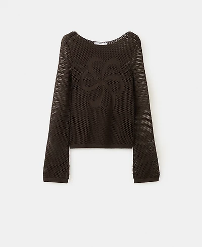 Mango Women's Floral Embroidery Crocheted Sweater
