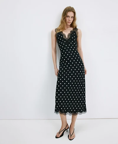 Mango Women's Lace Detail Polka-Dot Dress