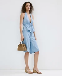 Mango Women's V-Neck Bow Denim Top