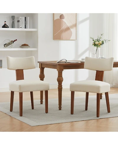 Rainsken Linen Fabric Dining Chairs Set of 2, Modern Armless Kitchen with Curved Backrest and Solid Wooden Legs for Room