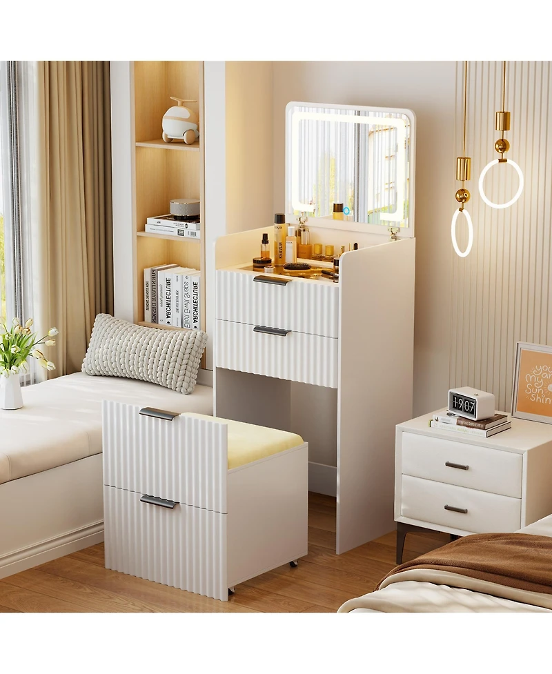 Vlsrka 3-in-1 Flip Top Mirror Vanity Desk, Glass Desktop Dressing Table with 3 Drawers and Padded Stool