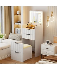 Vlsrka 3-in-1 Flip Top Mirror Vanity Desk, Glass Desktop Dressing Table with 3 Drawers and Padded Stool