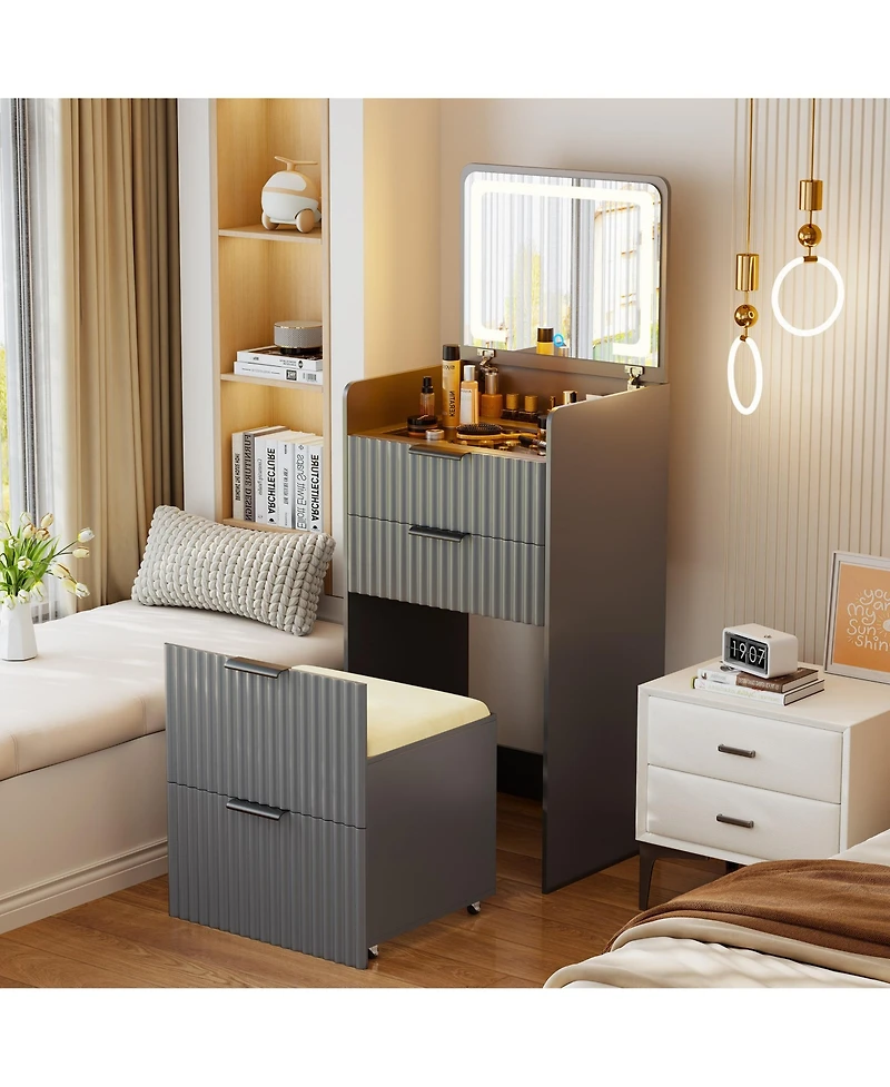 Vlsrka 3-in-1 Flip Top Mirror Vanity Desk, Glass Desktop Dressing Table with 3 Drawers and Padded Stool