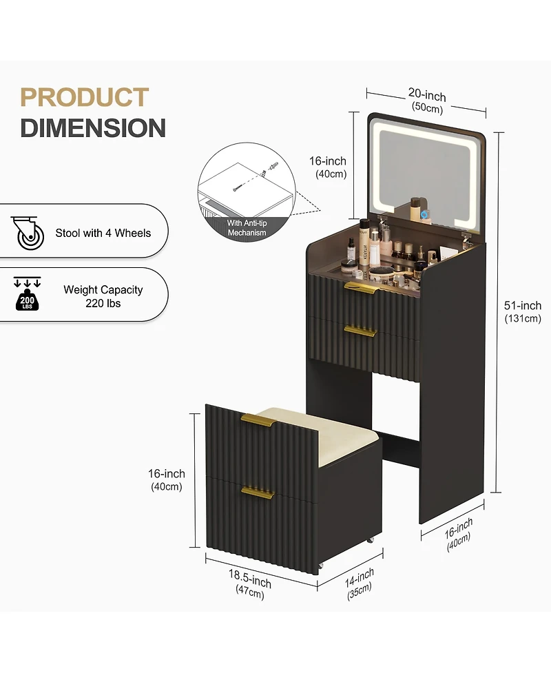 Vlsrka 3-in-1 Flip Top Mirror Vanity Desk, Glass Desktop Dressing Table with 3 Drawers and Padded Stool