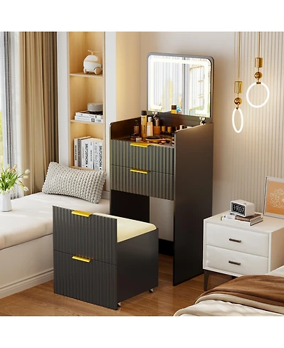 Vlsrka 3-in-1 Flip Top Mirror Vanity Desk, Glass Desktop Dressing Table with 3 Drawers and Padded Stool
