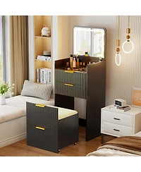 Vlsrka 3-in-1 Flip Top Mirror Vanity Desk, Glass Desktop Dressing Table with 3 Drawers and Padded Stool