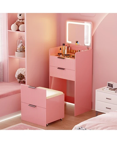 Vlsrka 3-in-1 Flip Top Mirror Vanity Desk, Glass Desktop Dressing Table with 3 Drawers and Padded Stool
