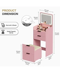 Vlsrka 3-in-1 Flip Top Mirror Vanity Desk, Glass Desktop Dressing Table with 3 Drawers and Padded Stool