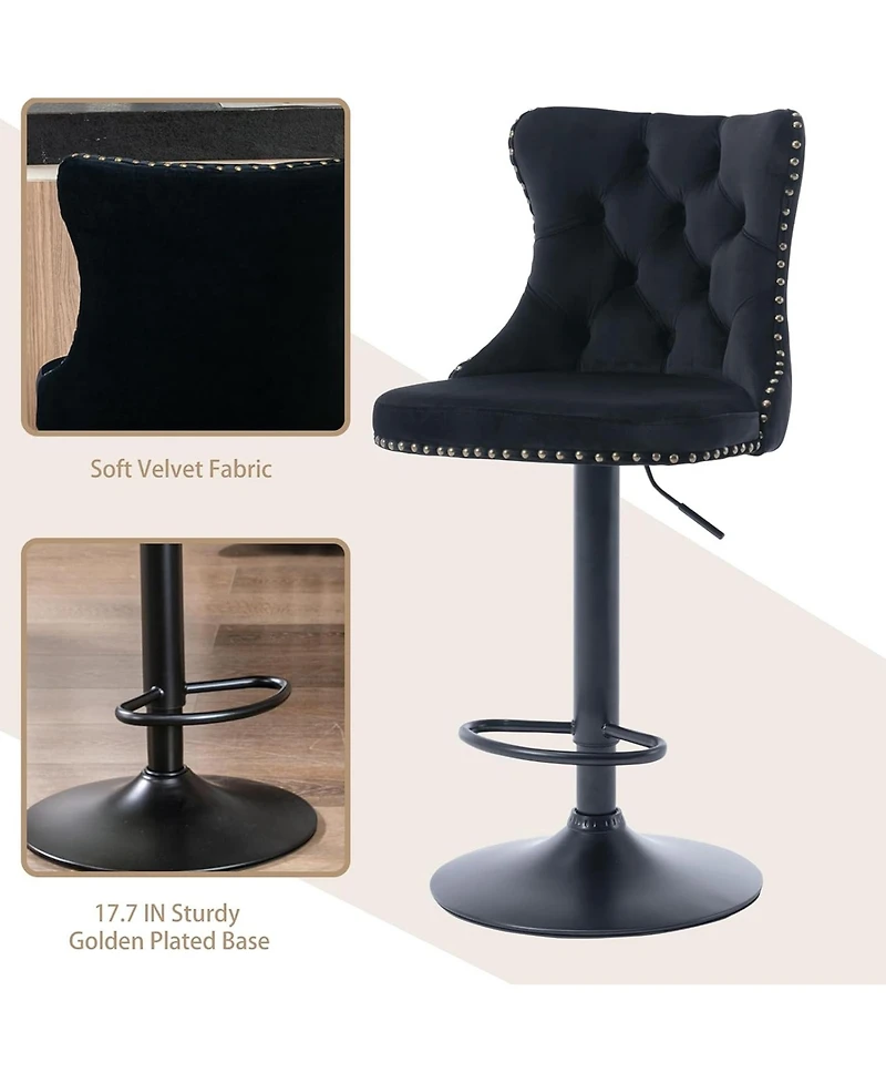 Rainsken Set of 2 Velvet Bar Stools, Adjustable Swivel Counter Height Chairs with Back, Footrest and Nailhead Trim for Kitchen Island