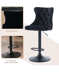 Rainsken Set of 2 Velvet Bar Stools, Adjustable Swivel Counter Height Chairs with Back, Footrest and Nailhead Trim for Kitchen Island