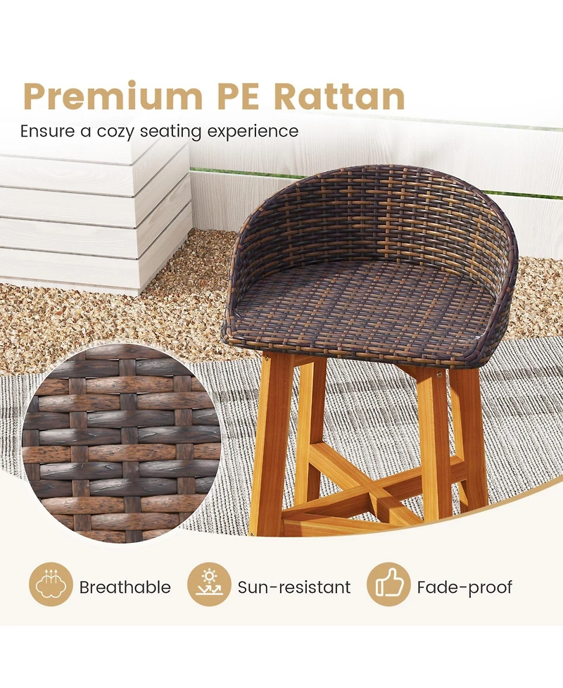 Sugift Set of 2 Acacia Wood Rattan Bar Stools with Backrest and Footrest
