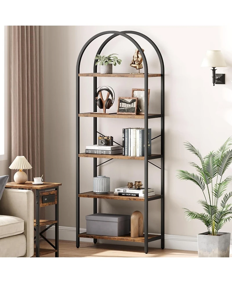 homfan Arched Tall Bookshelf, 5-Tier Industrial Wood and Metal Shelf, Rustic Farmhouse Storage for Home Office