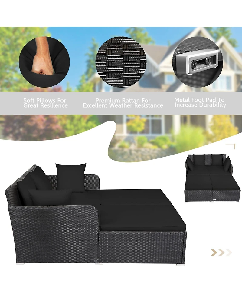 Sugift Outdoor Rattan Daybed with Upholstered Cushions and 4 Throw Pillows