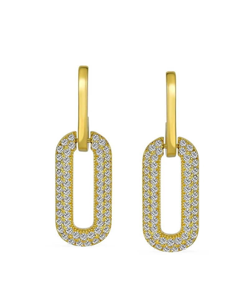 Bling Jewelry Geometric Vertical U Oval Micro Pave Cz Dangling Link Paperclip Earrings Gold Plated