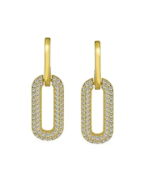 Bling Jewelry Geometric Vertical U Oval Micro Pave Cz Dangling Link Paperclip Earrings Gold Plated