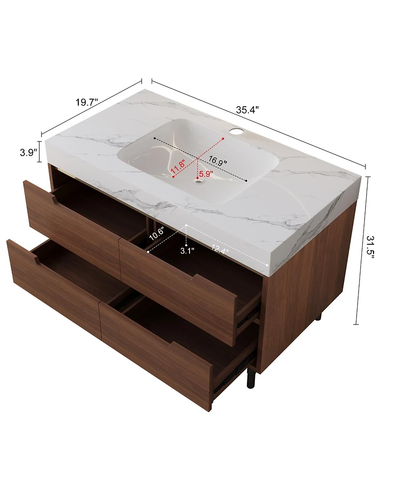 Phying 35.4 Inch Farmhouse Free Standing Sintered Stone Bathroom Vanity with Waterproof Multi layer Solid Wood 4 Drawers Storage Wall Mounted Cabinet