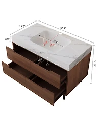 Phying 35.4 Inch Farmhouse Free Standing Sintered Stone Bathroom Vanity with Waterproof Multi layer Solid Wood 4 Drawers Storage Wall Mounted Cabinet