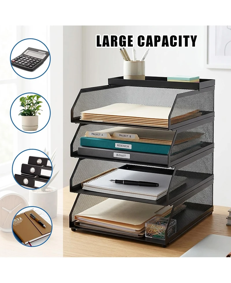 gaomon 4-Tier Stackable Mesh Desk File Organizer, Black Metal Document Tray with Top Shelf, Office Paper Holder for Letters, Folders and Supplies